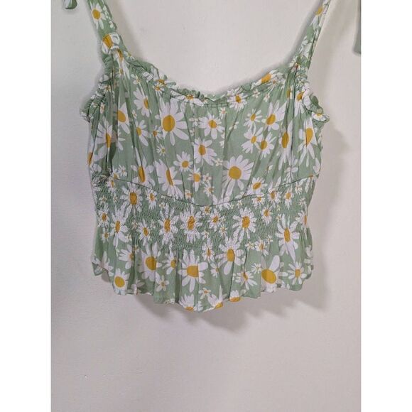 Elodie Tie Shoulder Smocked Waist Green Daisy Tank Top - Size Large - Picture 4 of 5